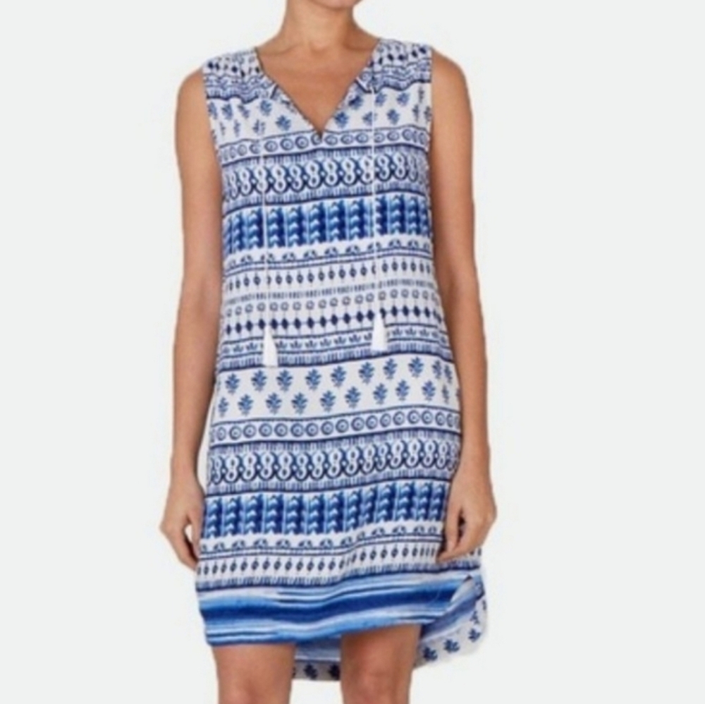 Beachlunchlounge  Blue/White Boho Print Tassels Shift Floral Dress Size M Medium